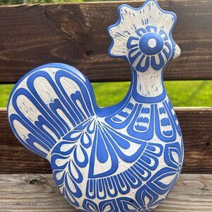 Pablo Zabal Chile Pottery 10.5" blue white ceramic rooster chicken folk art